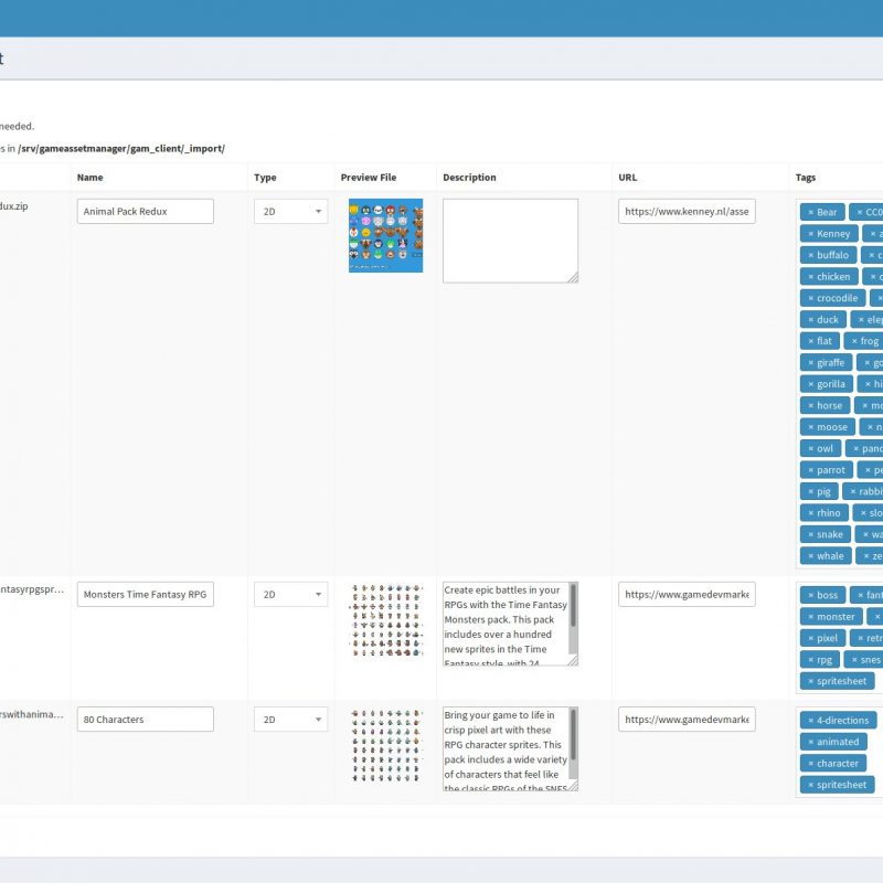 Bulk importing files to GameAssetManager, mass edit name, description, tags, rating.