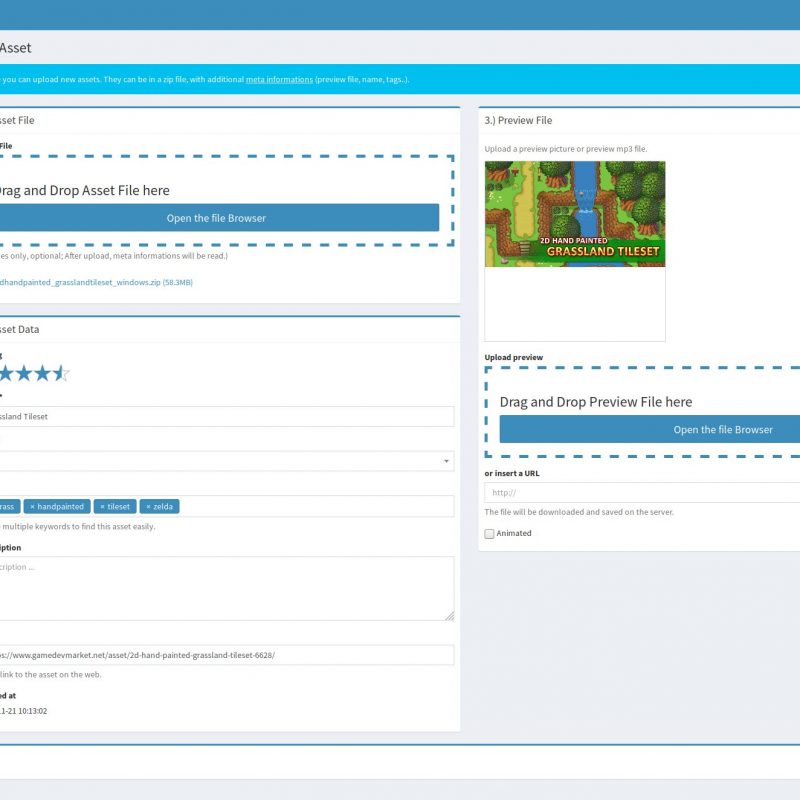 Editing assets, tags, name, description, rating, link, animation and preview image